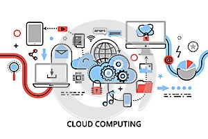 Modern flat thin line design vector illustration, concept of cloud computing technologies, protect computer networks and remote da