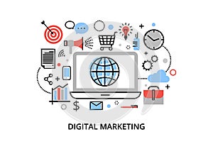 Modern flat thin line design vector illustration, concept of digital marketing, internet marketing idea and new market trends anal