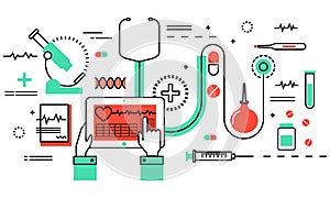 Modern flat thin line design vector illustration, concept of medicine and healthcare, health control and medical equipment objects