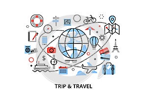 Modern flat thin line design vector illustration, concept of travelling around the world, journey and trip to other countries