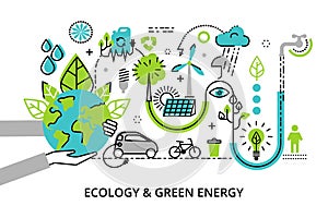 Modern flat thin line design vector illustration, infographic concept of ecology problem, generation and saving green energy
