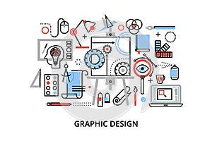 Modern flat thin line design vector illustration, infographic concept of graphic design, designer items and tools