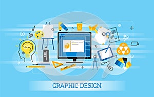 Modern flat thin line design vector illustration, infographic concept of graphic design, designer items and tools, and design