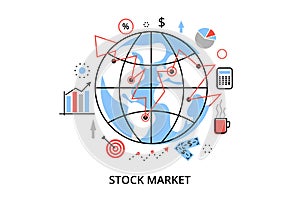 Modern flat thin line design vector illustration, infographic concept with icons of stock market process and securities trading