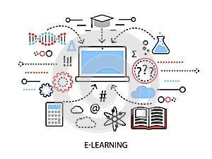 Modern flat thin line design vector illustration, infographic concept of internet learning process and computer technologies in st