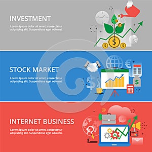 Modern flat thin line design vector illustration, infographic concept of investment process, stock market and internet business