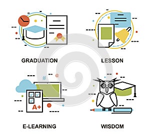 Modern flat thin line design vector illustration, set of education concepts, gradution, school lesson, e-learning process