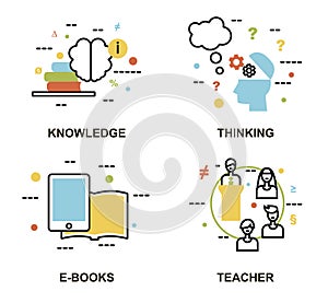 Modern flat thin line design vector illustration, set of education concepts, knowledge, thinking process, e-books and teachers