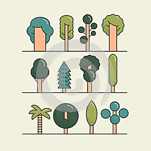 Modern flat trees set. Vector tree icons set, tree