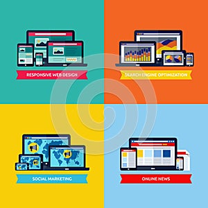 Modern flat vector concepts of web design, SEO, social media mar