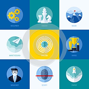 Modern flat vector concepts for websites, mobile apps and printed materials. Icons of development, strategy, mission, market