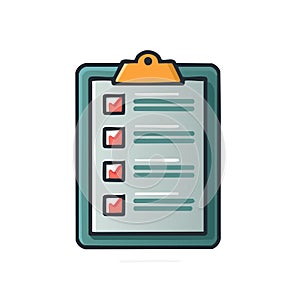 Modern flat vector illustration of a clipboard with a completed checklist and red checkmarks, symbolizing task