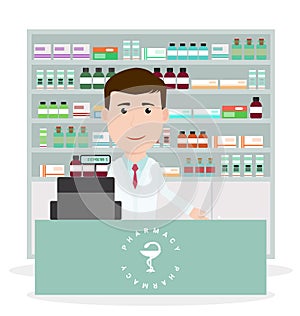 Modern flat vector illustration of a male pharmacist standing near cash register and showing medicine description at the counter