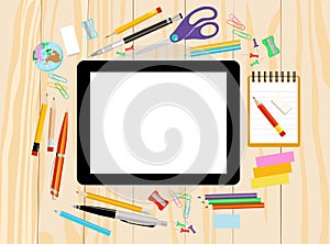 Modern flat vector illustration, tablet PC with school office supplies