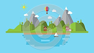 Modern flat vector landscape illustration . with house boat and hills . holiday coast scenery background