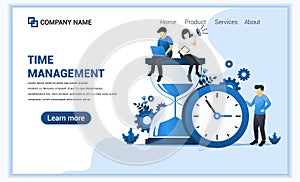 Modern flat web page design concept of time management with people work near big clock and hourglass. Flat landing page template.