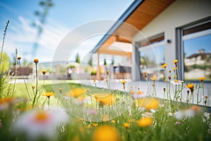 modern flatroofed villa surrounded by wildflowers
