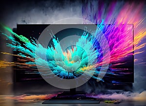 Modern flatscreen with color explosion coming out the television