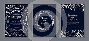 Modern floral design with silver flowers and branches on a navy blue background