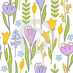 Modern floral handrawn seamless pattern background on white. Vector illustration.