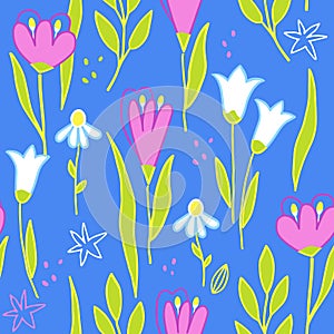 Modern floral handrawn seamless pattern on blue background. Vector illustration.