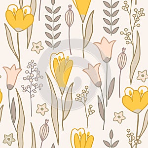 Modern floral handrawn seamless pattern on light background. Vector illustration.