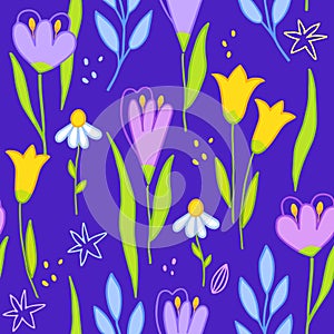 Modern floral handrawn seamless pattern on violet background. Vector illustration.