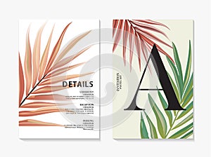 Modern floral pal design template. Advertising card with banana leaves macro pattern. Trendy vector watercolor vintage creative