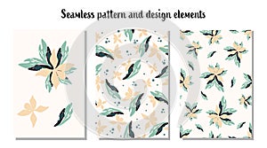 Modern floral pattern, large flowers and butterflies and small specks. Seamless pattern set. Modern design for paper