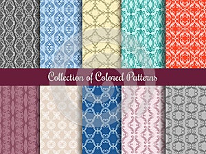 Modern floral pattern set in vintage style. Seamless patterns collection with calligraphic swirls