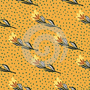 Modern floral seamless pattern with green and yellow colorred flower elements. Orange dotted background