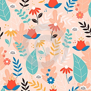 Modern floral seamless pattern on pink background. Vector illustration.