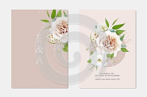 Modern floral wedding invite card. Neutral beige, cream white rose flowers, eustoma, greenery, eucalyptus green leaves bouquet.