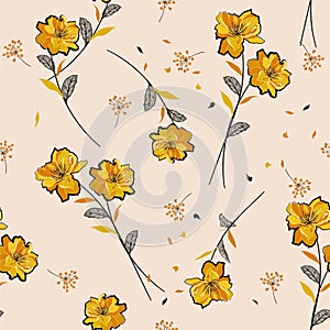 Modern florals and unique yellow meadow flowers blowing in the wind seamless pattern in vector design for fashion ,fabric,web,