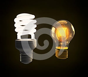 A modern fluorescent and vintage incandescent light bulb side by