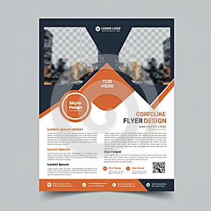 Modern flyer design with geometric elements. Features include two triangular photo