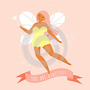 Modern flying fairy and text you are beautiful on ribbon. Female Body positive concept illustration