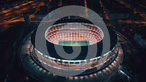 Modern football stadium aerial view with a packed crowd, bright stadium lights, and the energy of a live match, aerial drone