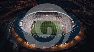 Modern football stadium aerial view with a packed crowd, bright stadium lights, and the energy of a live match, aerial drone