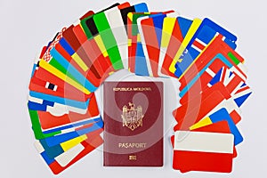 Modern foreign passport of a citizen of the Republic of Moldova. Background of the flags of European countries