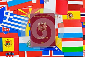 Modern foreign passport of a citizen of the Republic of Moldova. Background of the flags of European countries