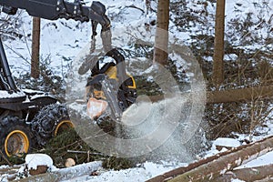 modern forestry machine in a winter forest