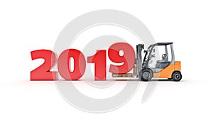 Modern forklift truck, 2019 New Year sign. 3d rendering.