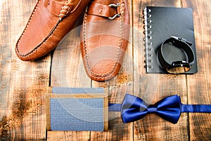 Modern formal style. vintage wallet. retro style. bow tie with watch and notebook. gentleman set for real men. Fashion