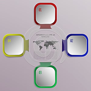 Modern four steps business infographics with 3D squares and world map. Colorful 4 option business diagram representing process, o