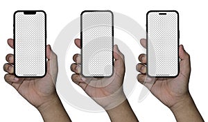modern frameless design, Hand holding smart phone Mockup and screen Transparent and Clipping Path 