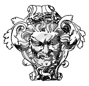 Modern French Grotesque Mask, vintage engraving