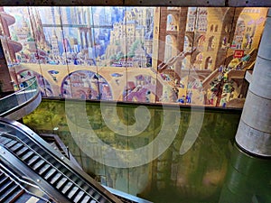 Modern frescoes in a flooded area of metro Gare Lille d`Europe, Lille, France