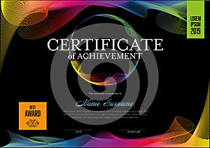 Modern fresh, certificate template layout with rainbow curved lines on black background