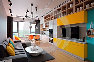 modern and fresh living room interior design, featuring yellow colors, presented architecture idea